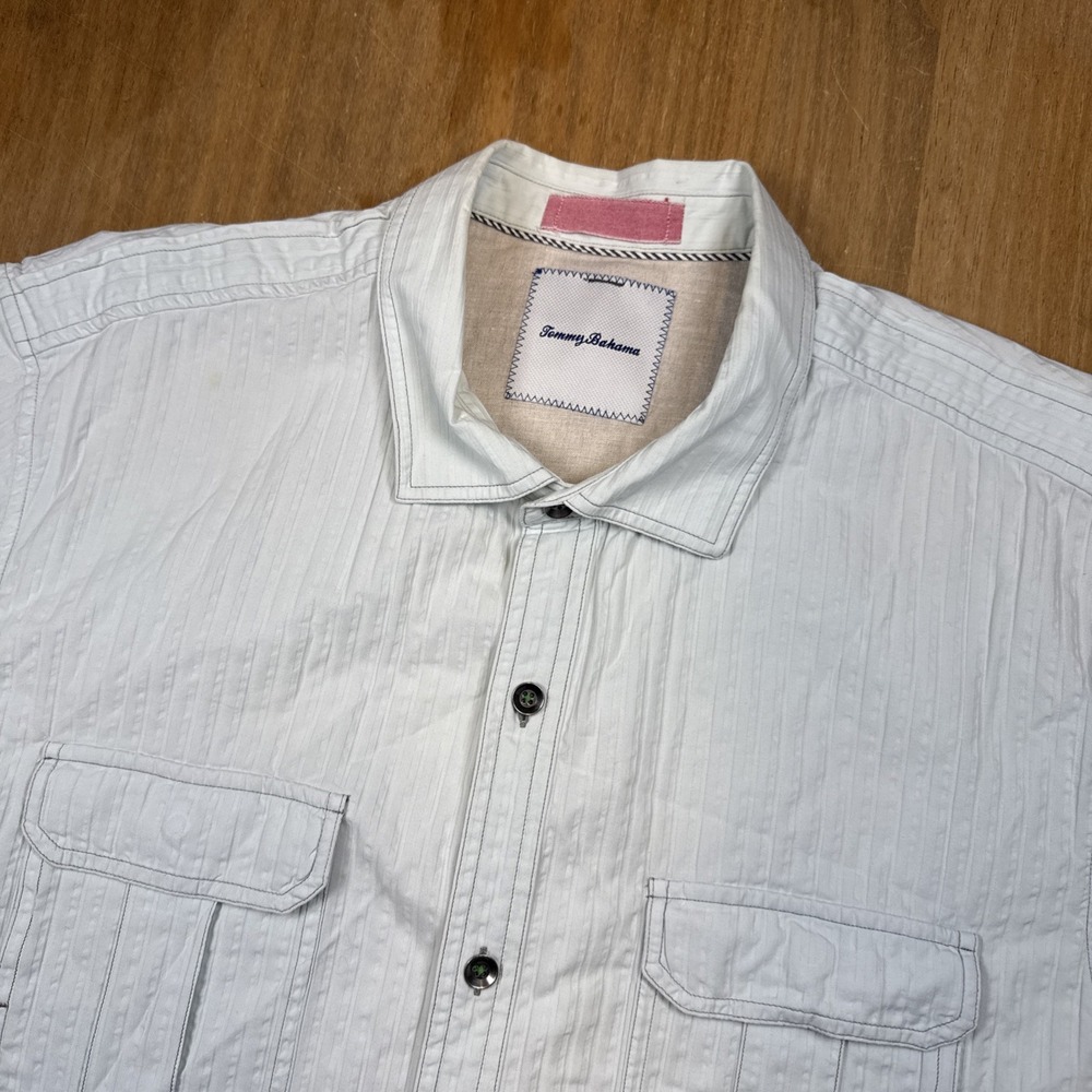 Tommy Bahama Cotton Short Sleeve Button Down‎ Shirt Men's XL Green Searsucker